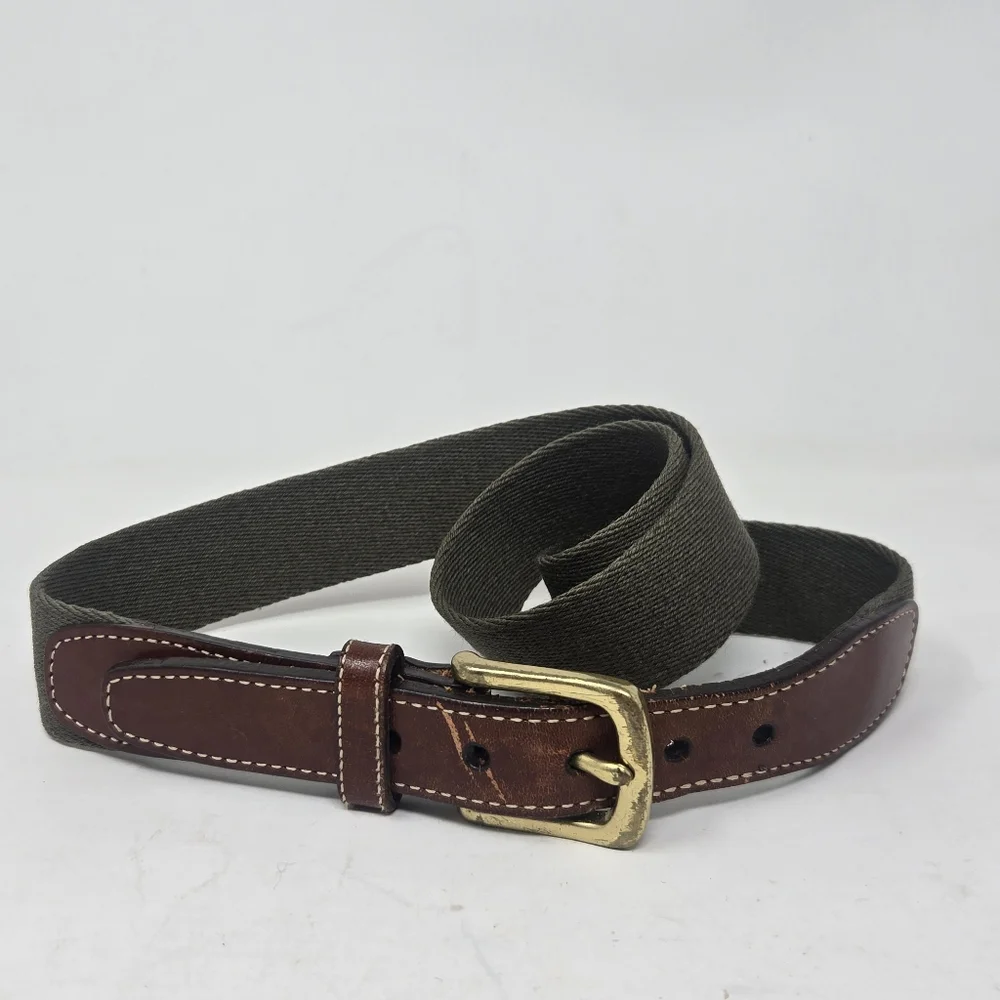 LL BEAN Golf‎ Belt Men 44 Brown Leather Green Canvas Brass Buckle Made USA
